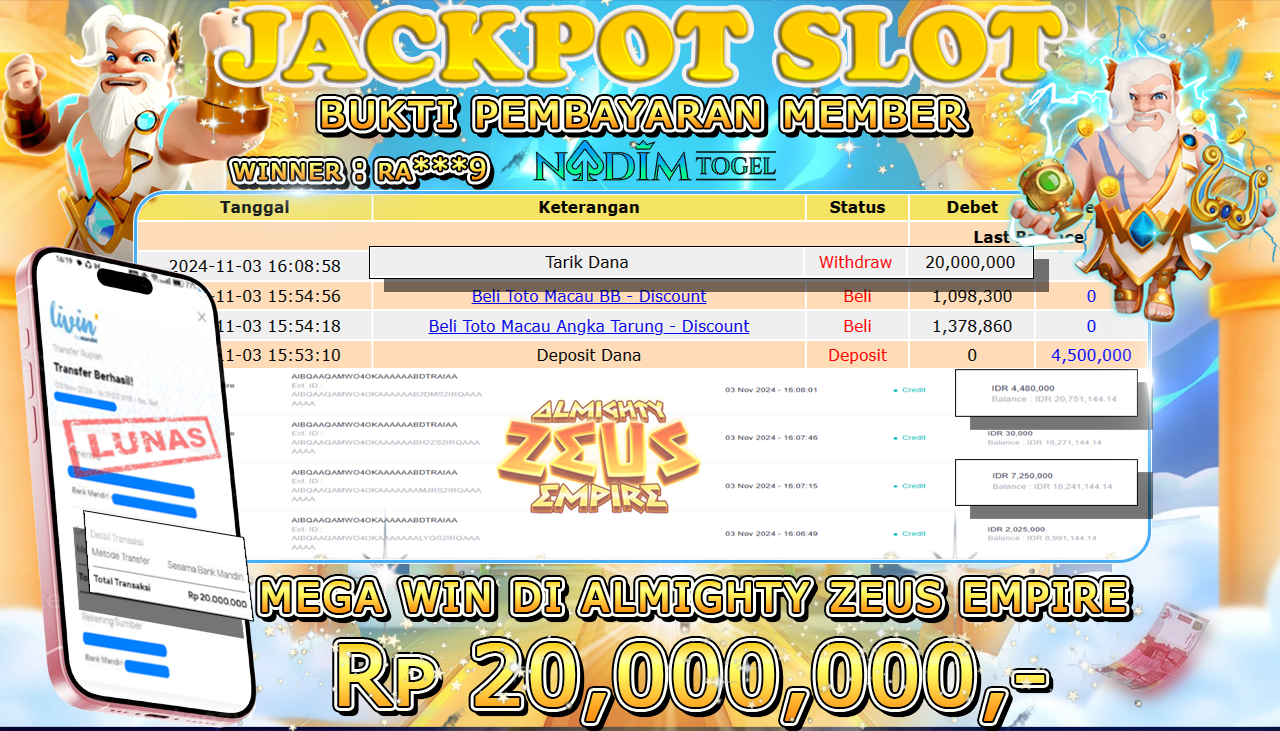 NADIMTOGEL JACKPOT SLOT ALMIGHTY ZEUS EMPIRE  Rp 20,000,000,- LUNAS