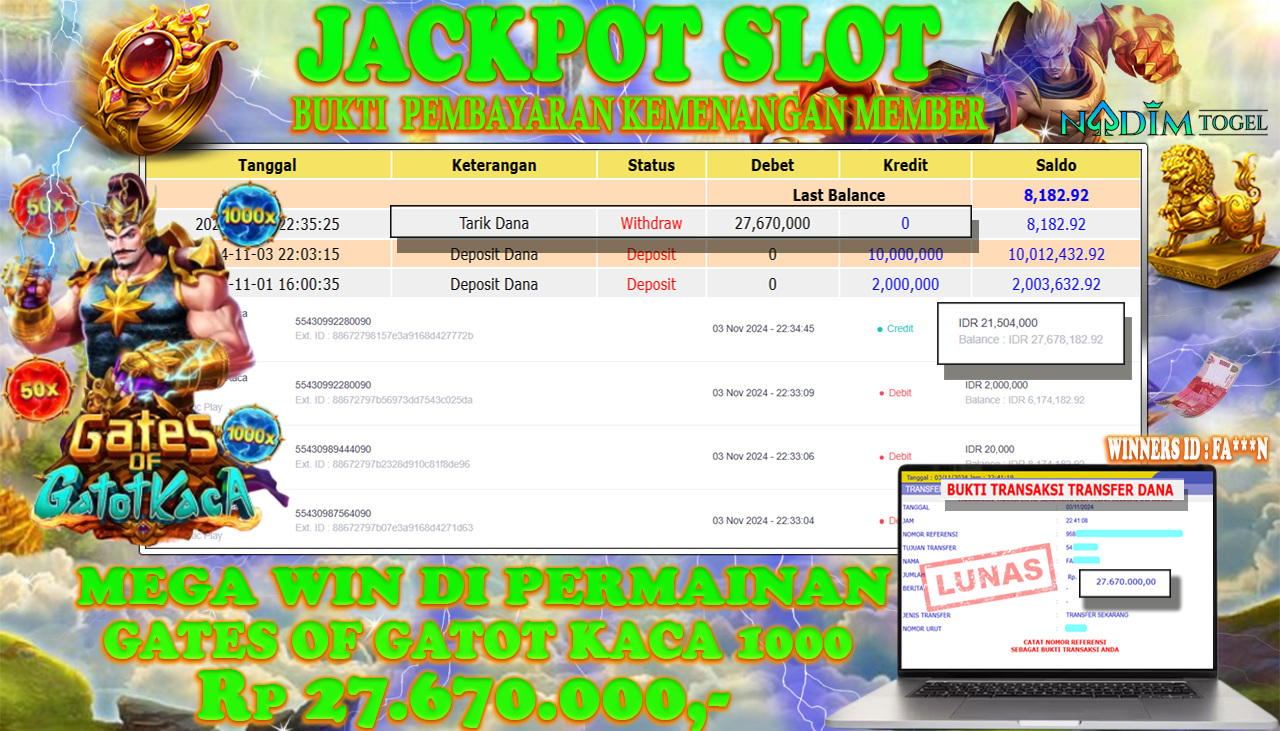 NADIMTOGEL JACKPOT SLOT GATES OF GATOT KACA 1000 Rp 20,000,000,- LUNAS