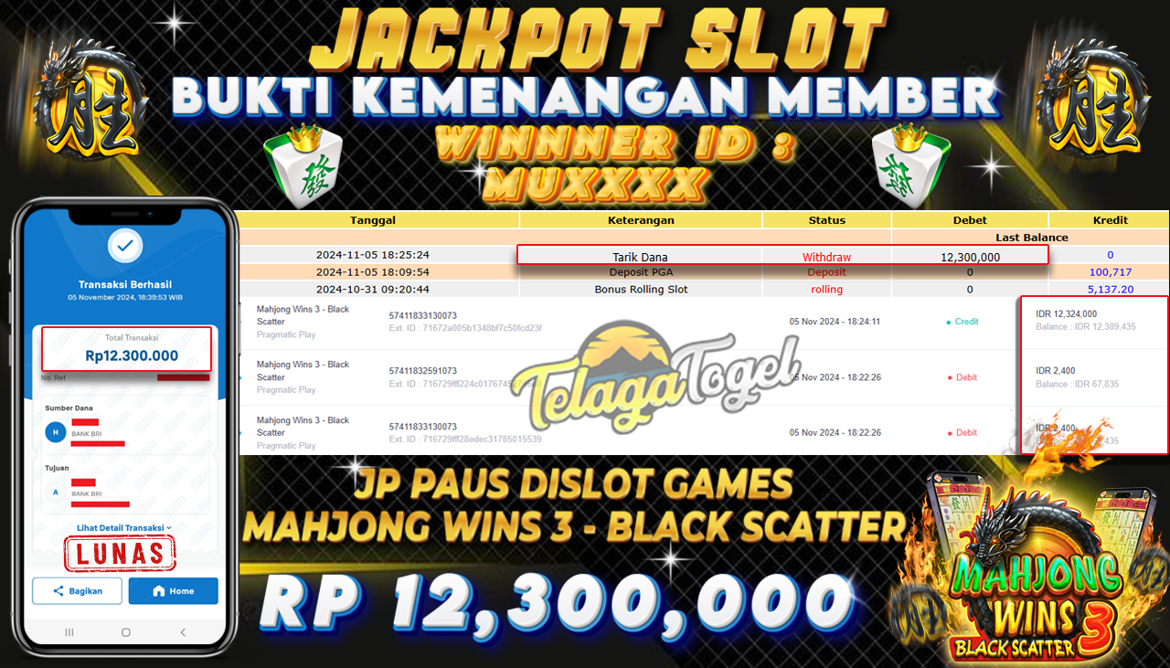 TELAGATOGEL JACKPOT SLOT MAHJONG WINS 3 - BLACK SCATTER Rp 12,300,000,- LUNAS
