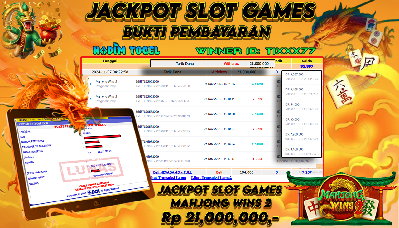 NADIMTOGEL JACKPOT SLOT MAHJONG WINS 2 Rp 21,000,000- LUNAS