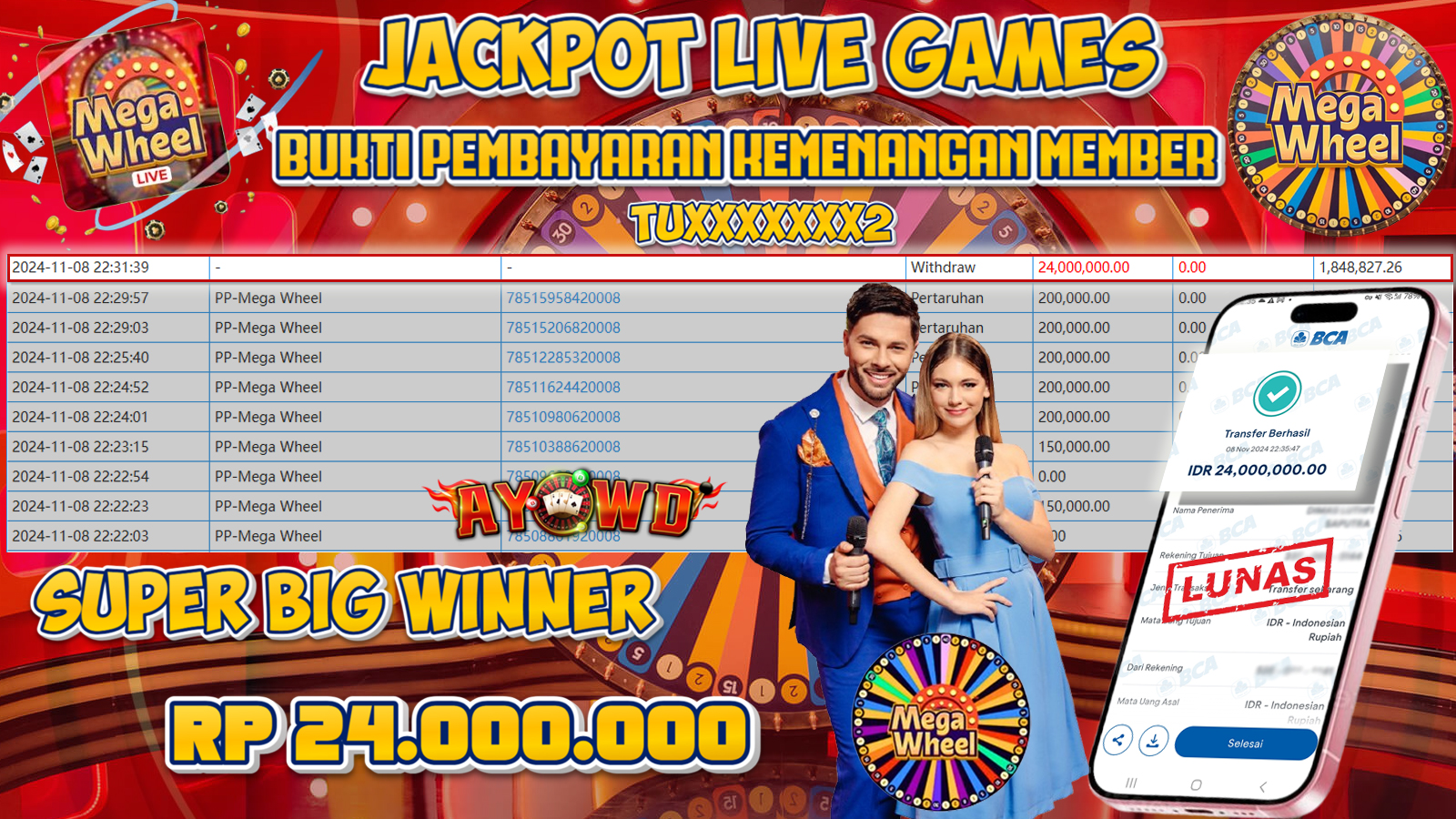AYOWD JACKPOT LIVE GAMES PP-Mega Wheel Rp 24,000,000 LUNAS