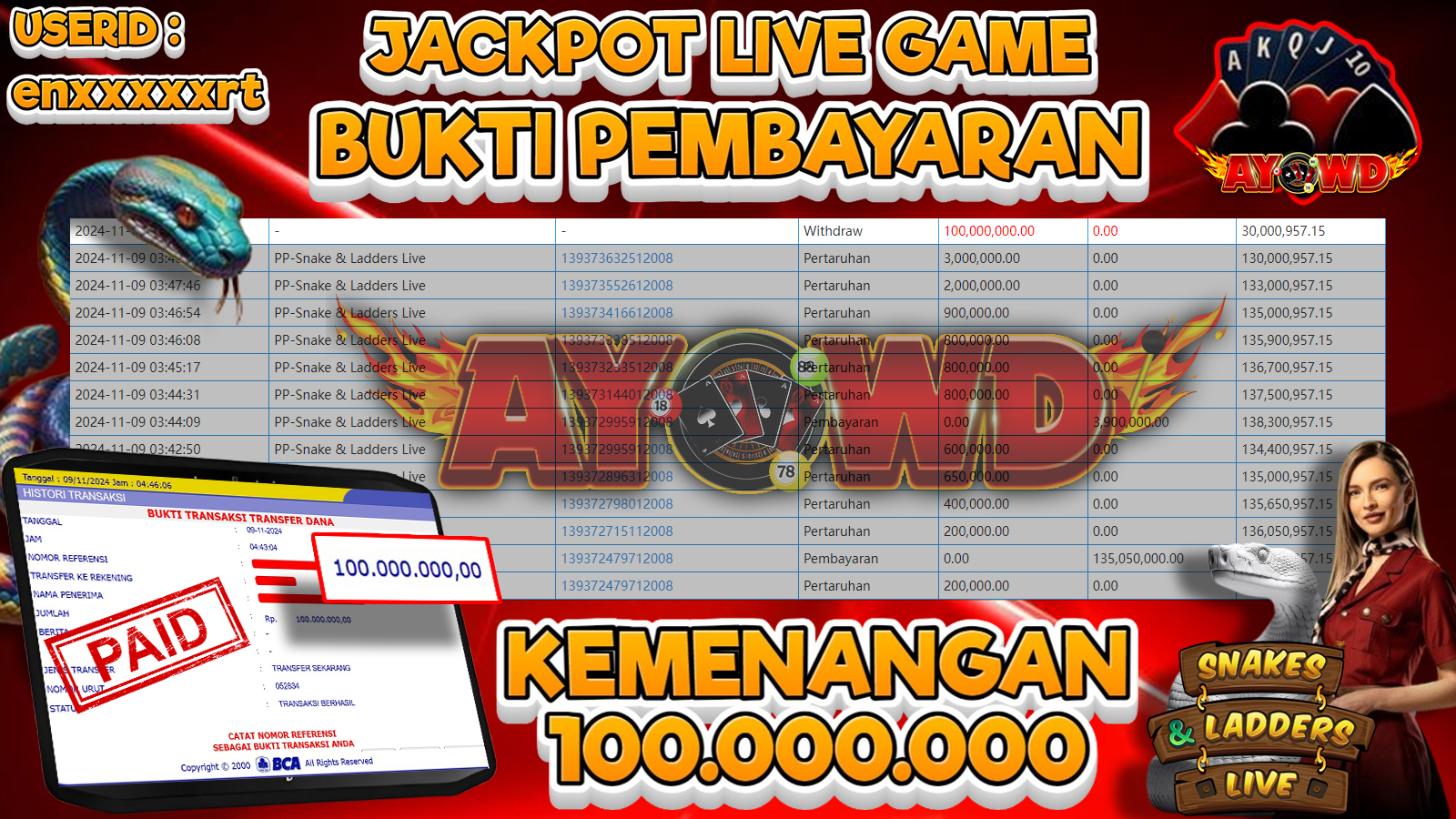 AYOWD JACKPOT LIVE GAMES PP-Snake & Ladders Live Rp 100,000,000 LUNAS