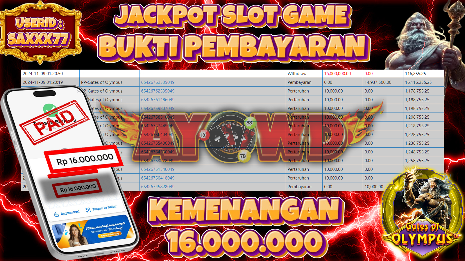 AYOWD JACKPOT SLOT GAMES PP-Gates of Olympus Rp 16,000,000 LUNAS