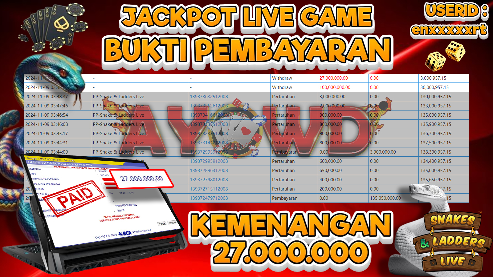 AYOWD JACKPOT LIVE GAMES PP-Snake & Ladders Live Rp 27,000,000 LUNAS