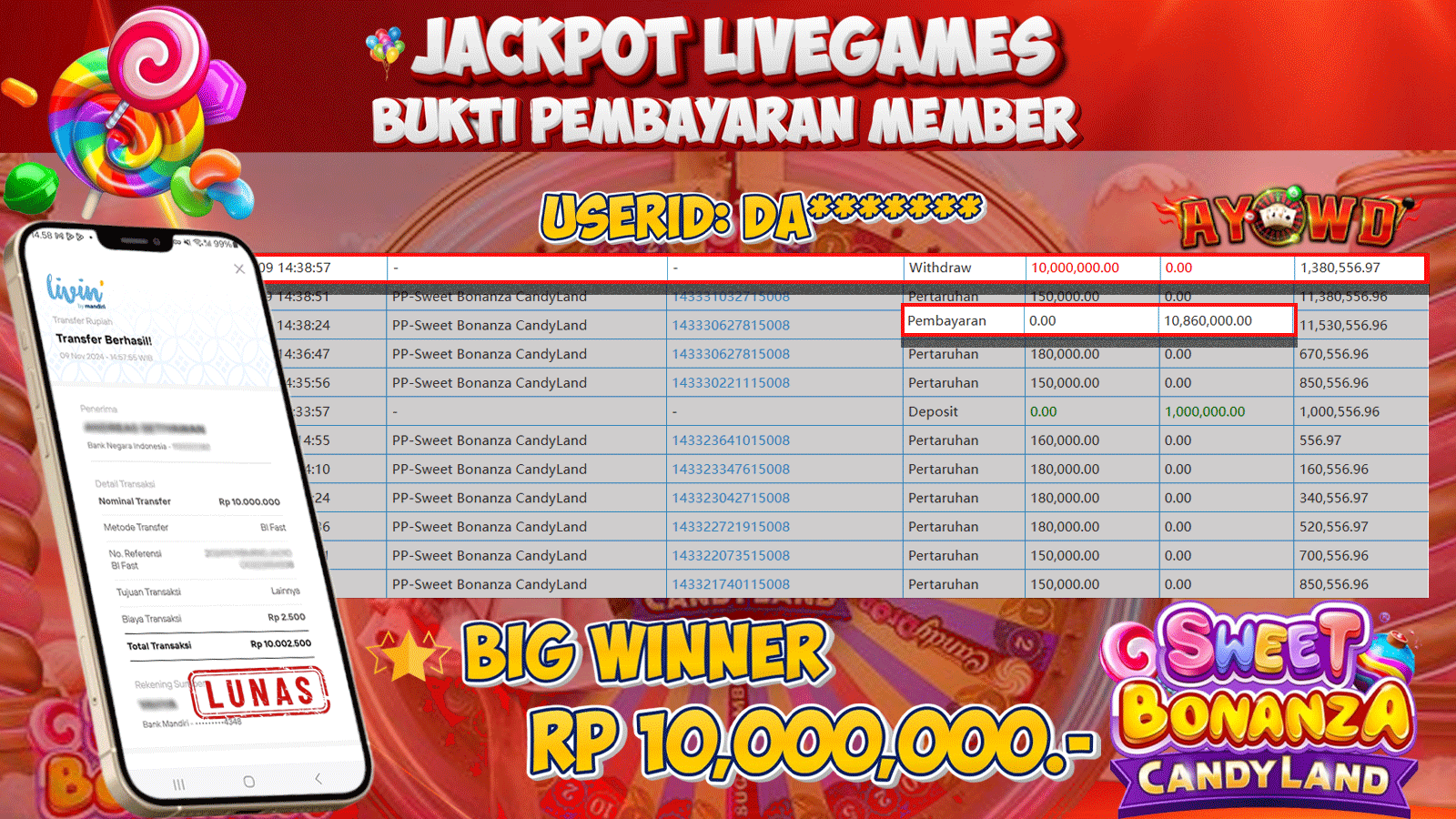 AYOWD JACKPOT LIVE GAMES Sweet Bonanza CandyLand Rp 10,000,000LUNAS