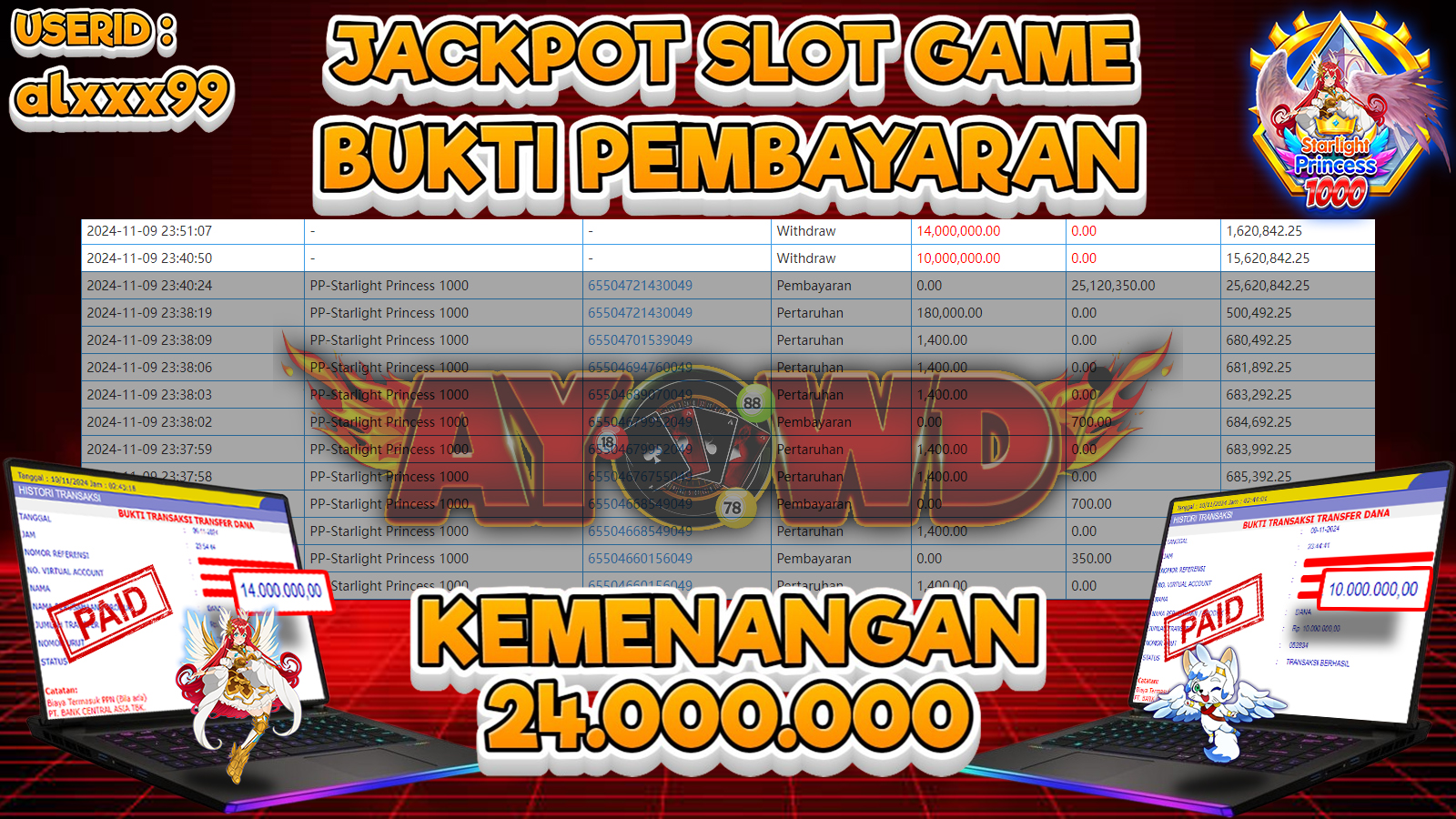 AYOWD JACKPOT SLOT GAMES PP-Starlight Princess 1000 Rp 24,000,000 LUNAS