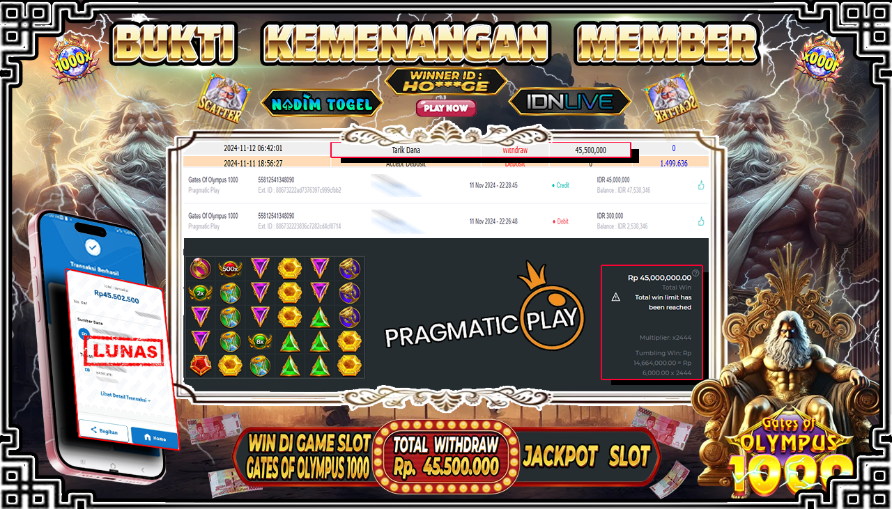 NADIMTOGEL JACKPOT SLOT GATES OF OLYMPUS 1000 Rp. 45,500,000,- LUNAS