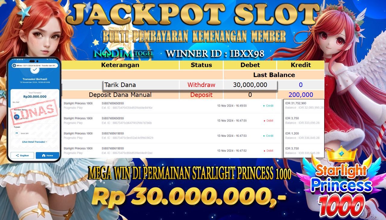 NADIMTOGEL JACKPOT SLOT STARLIGHT PRINCESS 1000 Rp.30.000.000,- LUNAS