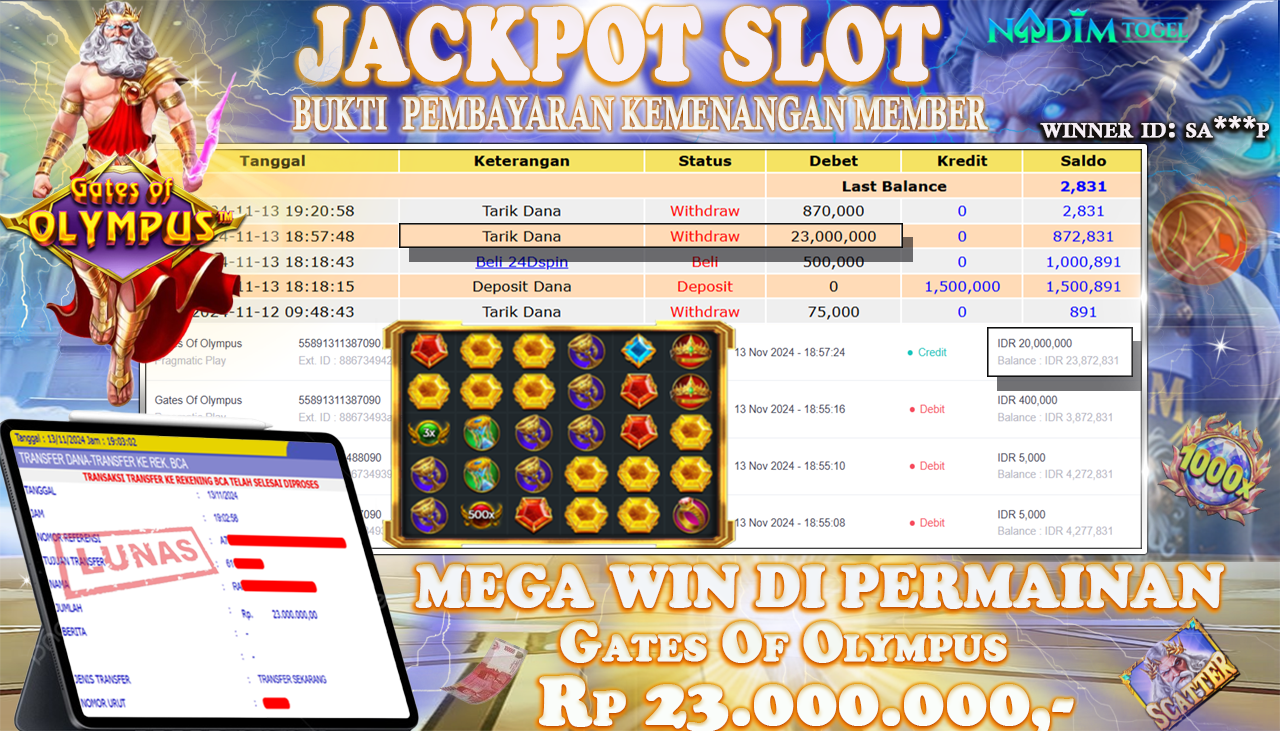 NADIMTOGEL JACKPOT SLOT GATES OF OLYMPUS Rp. 23,000,000,- LUNAS