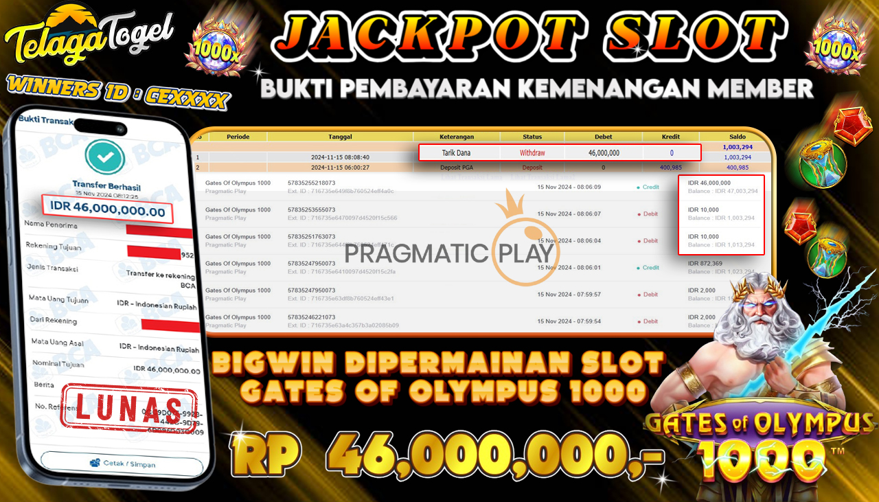 TELAGATOGEL JACKPOT SLOT GATES OF OLYMPUS 1000 Rp 46,000,000,- LUNAS