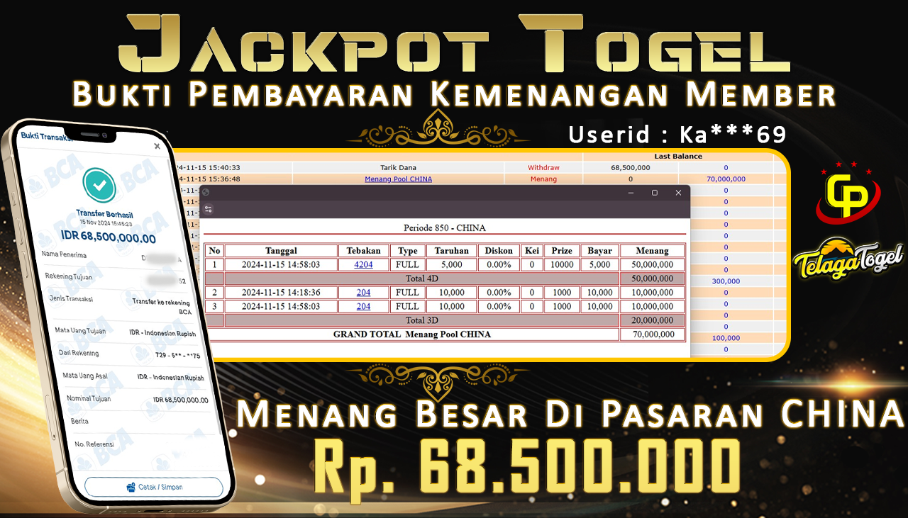 TELAGATOGEL JACKPOT TOGEL CHINA POOLS Rp 68,500,000,- LUNAS