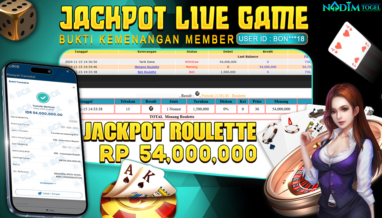 NADIMTOGEL JACKPOT LIVEGAMES ROULETTE GAMES Rp 54,000,000,- LUNAS