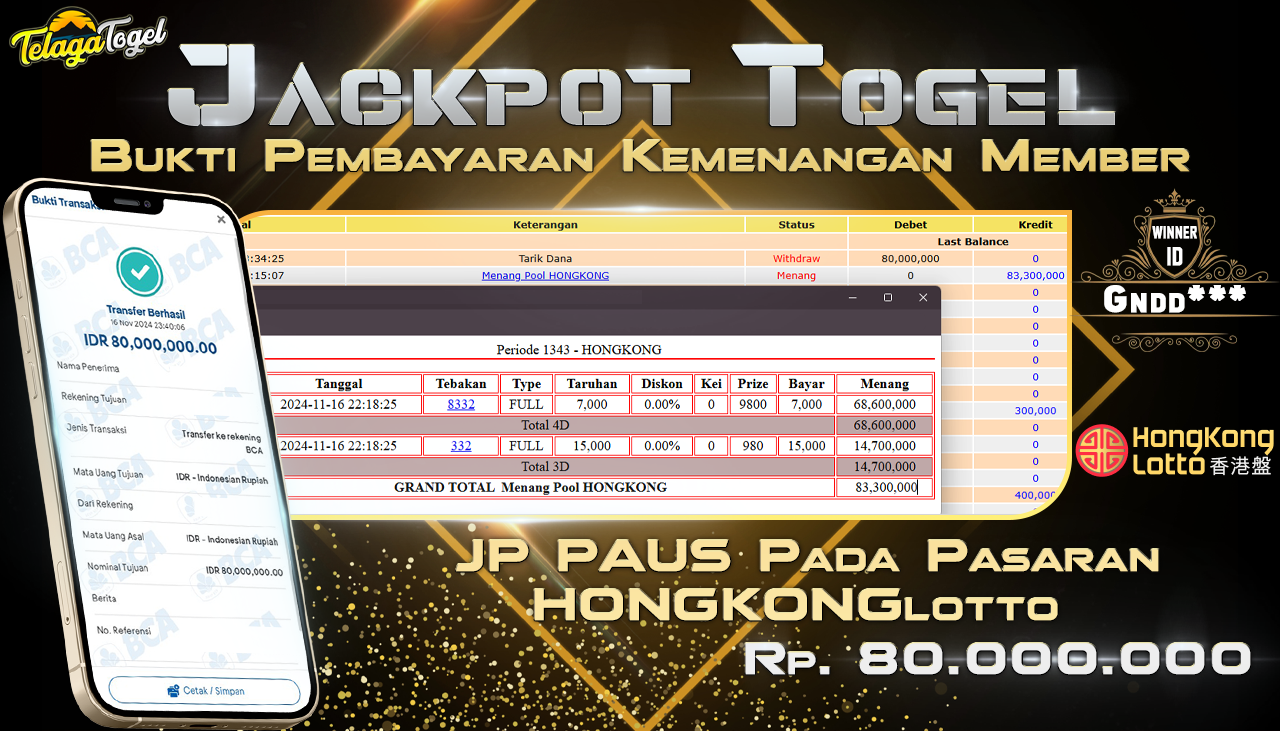 TELAGATOGEL JACKPOT TOGEL HONGKONG LOTTO Rp 80,000,000,- LUNAS