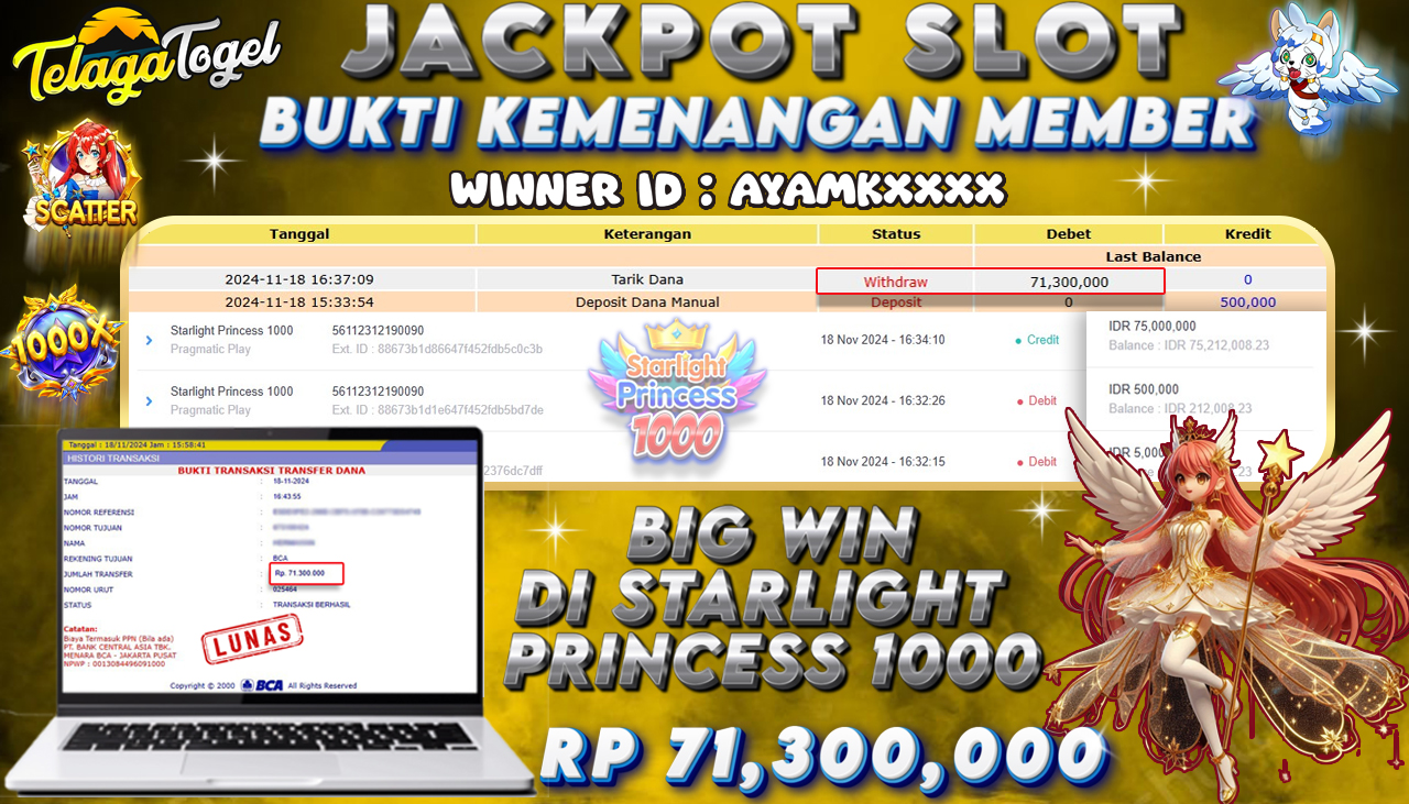 TELAGATOGEL JACKPOT SLOT STARLIGHT PRINCESS 1000 Rp 71,300,000,- LUNAS