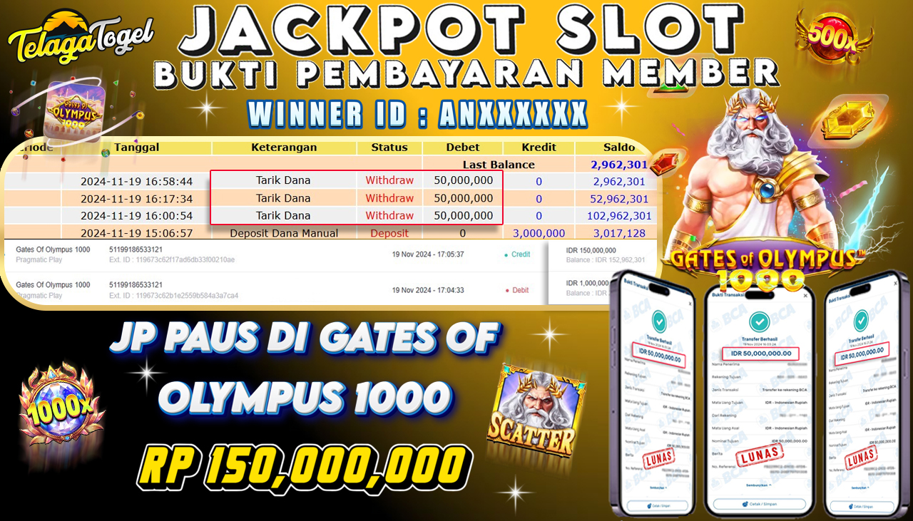 TELAGATOGEL JACKPOT SLOT GATES OF OLYMPUS 1000 Rp 150,000,000,- LUNAS