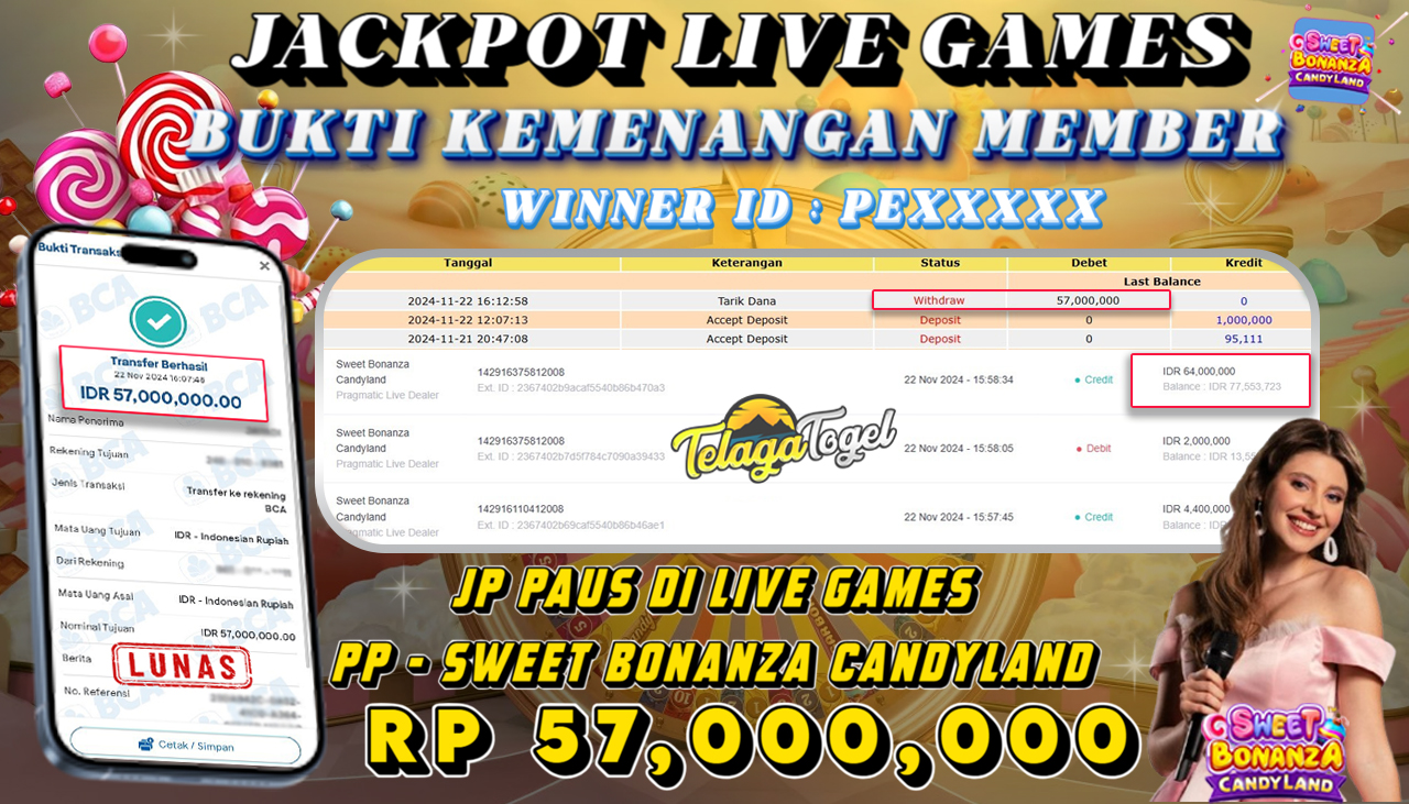 TELAGATOGEL JACKPOT LIVE GAMES SWEET BONANZA CANDYLAND Rp 57,000,000,- LUNAS