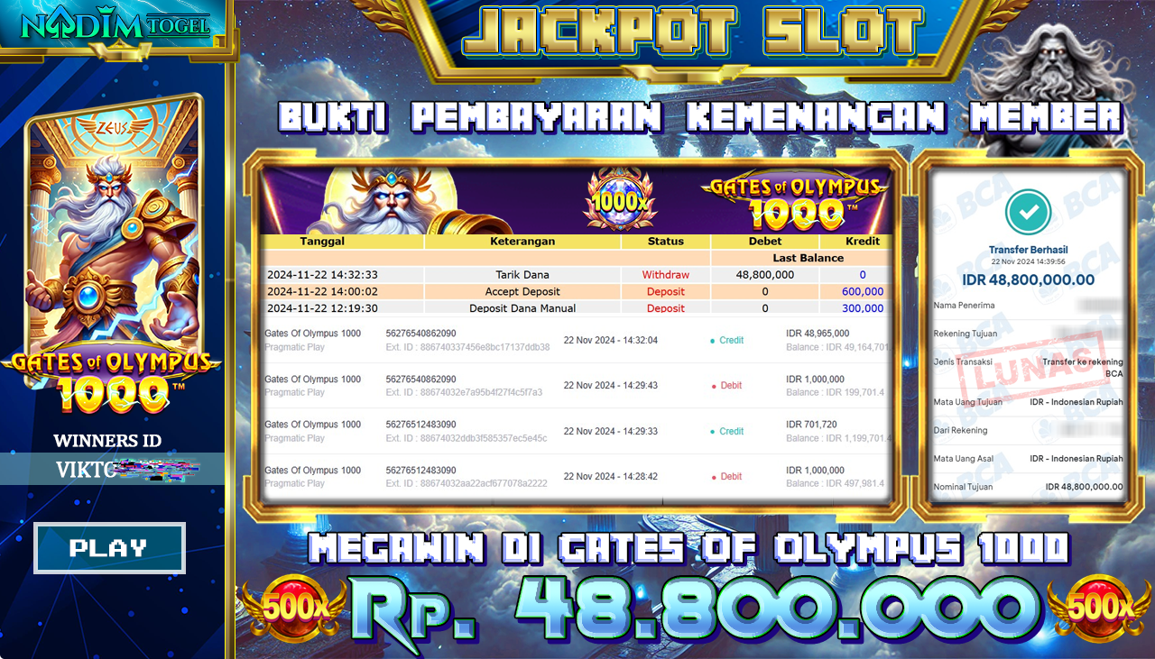 NADIMTOGEL JACKPOT SLOT GATES OF OLYMPUS 1000 Rp 48,800,000,- LUNAS