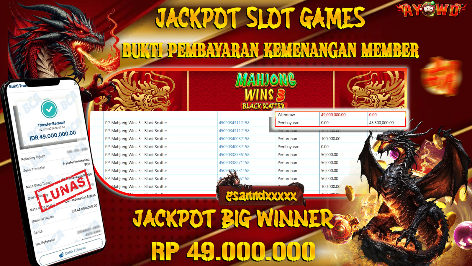 AYOWD JACKPOT SLOT GAMES Mahjong Wins 3- Black Scatter 49.000,000 LUNAS