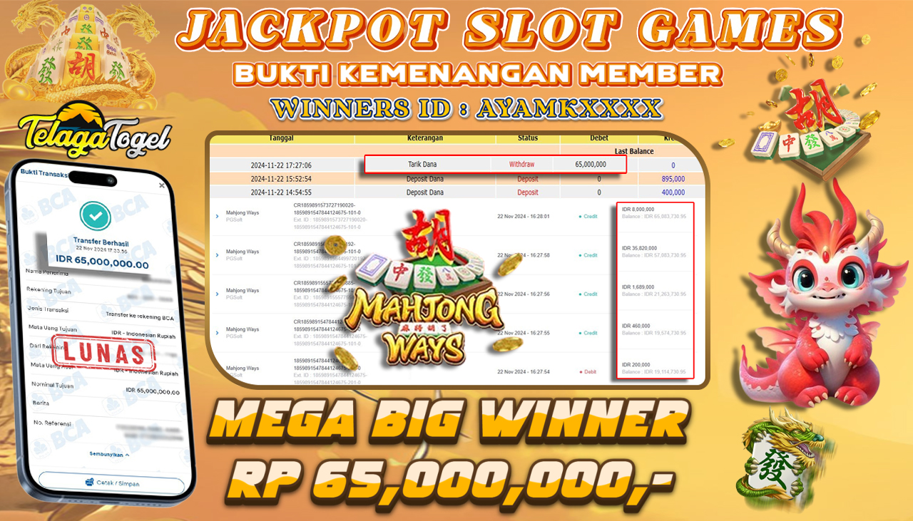 TELAGATOGEL JACKPOT SLOT MAHJONG WAYS Rp 65,000,000,- LUNAS
