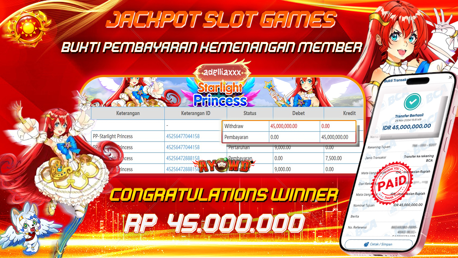 AYOWD JACKPOT PP SLOT STARLIGHT PRINCESS 45,000,000 LUNAS
