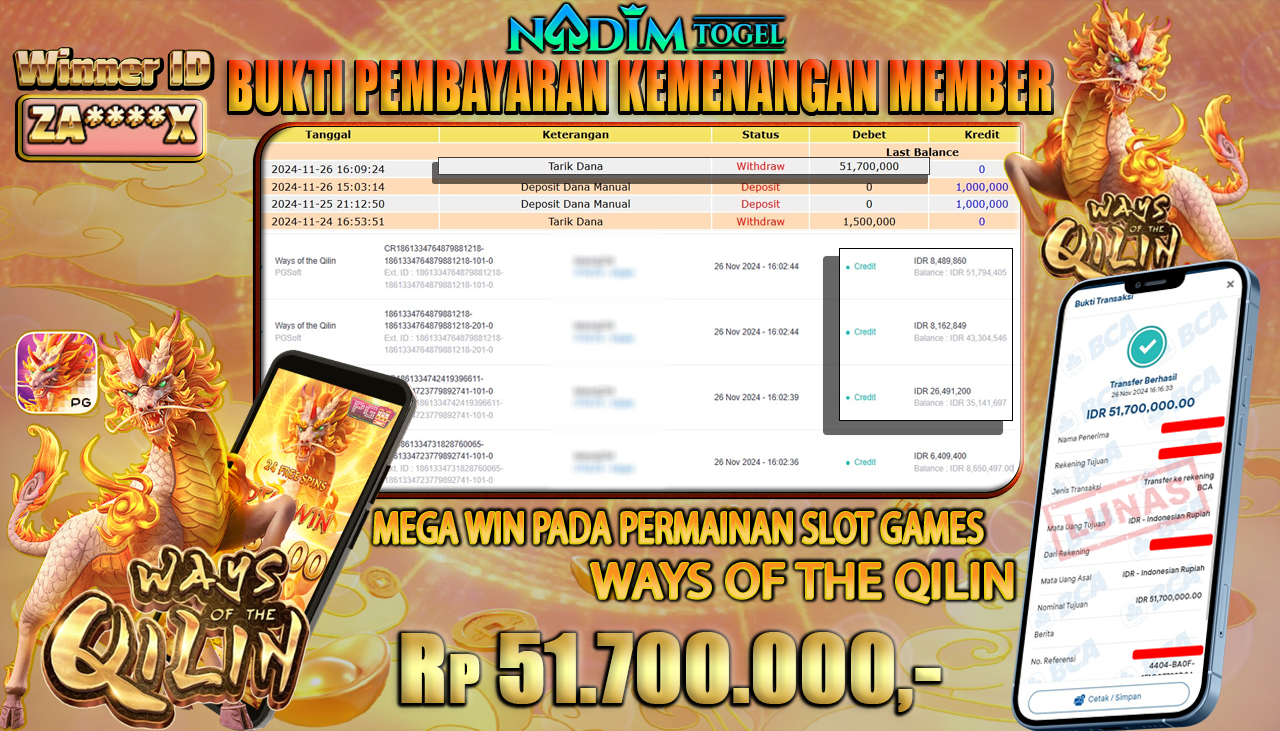 NADIMTOGEL JACKPOT SLOT WAYS OF THE QILIN Rp 51,700,000,- LUNAS