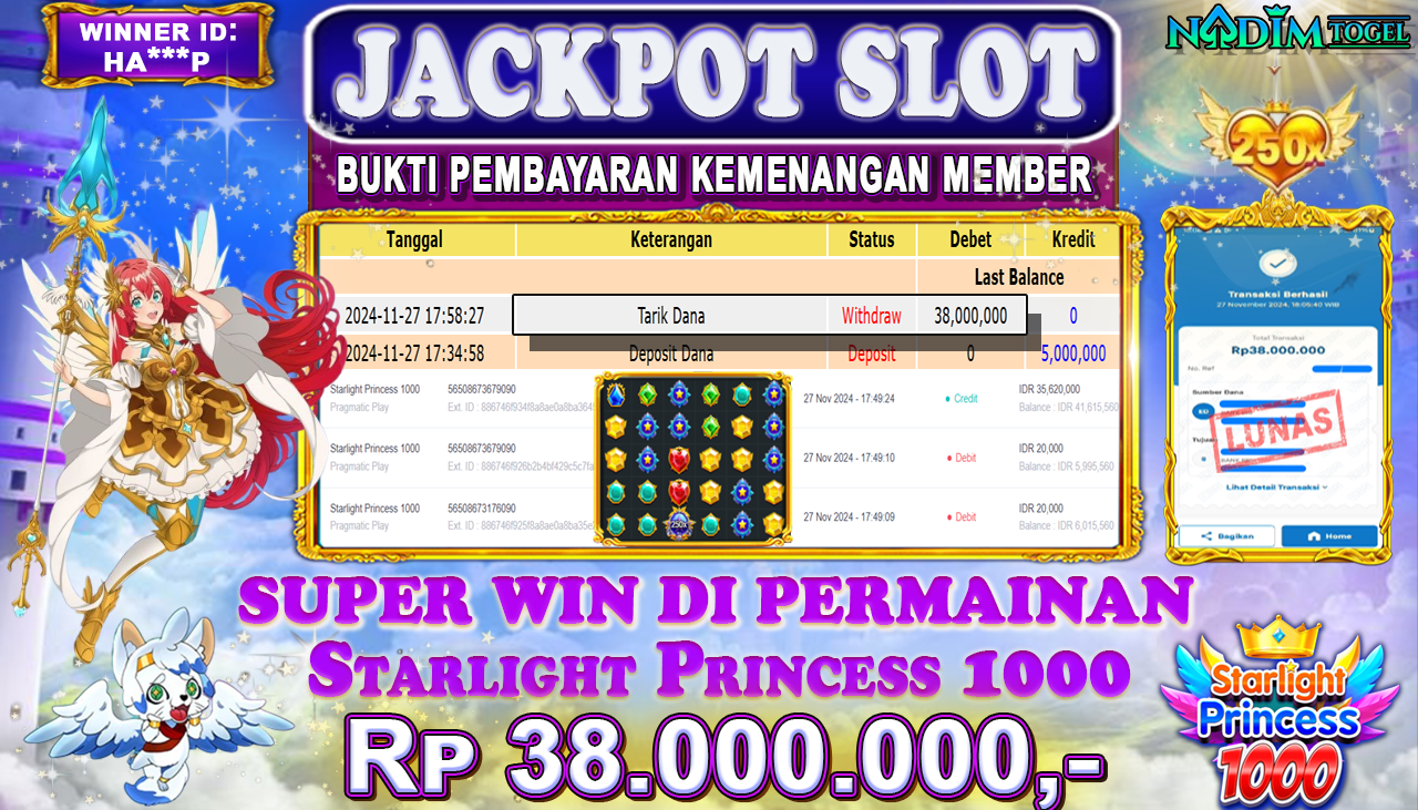 NADIMTOGEL JACKPOT SLOT Starlight Princess 1000 Rp 38,000,000,- LUNAS