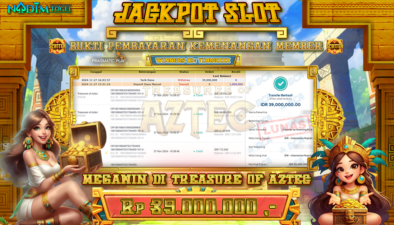 NADIMTOGEL JACKPOT SLOT TREASURE OF AZTEC Rp 39,000,000,- LUNAS