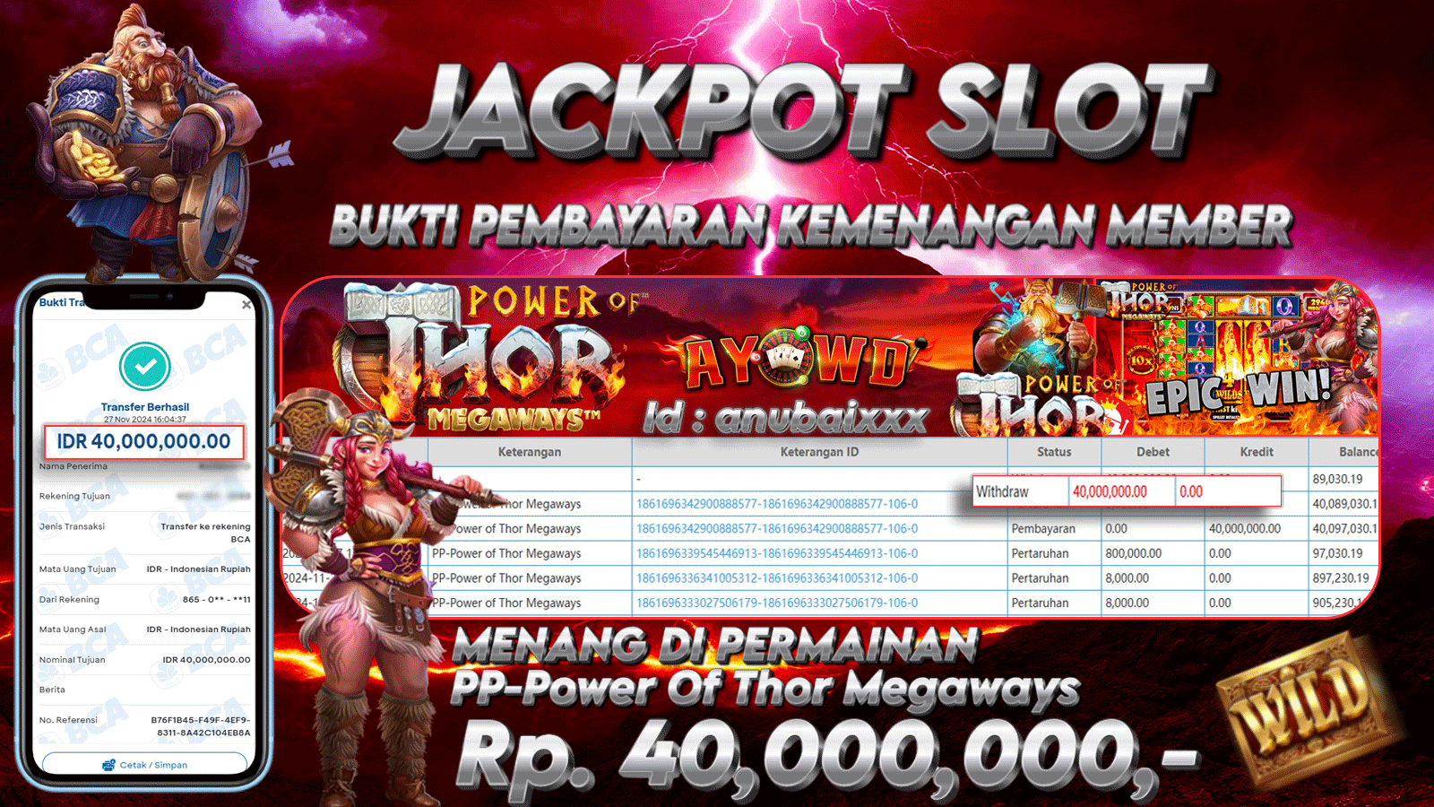 AYOWD JACKPOT PP-Power Of Thor Megaways 40,000,000 LUNAS