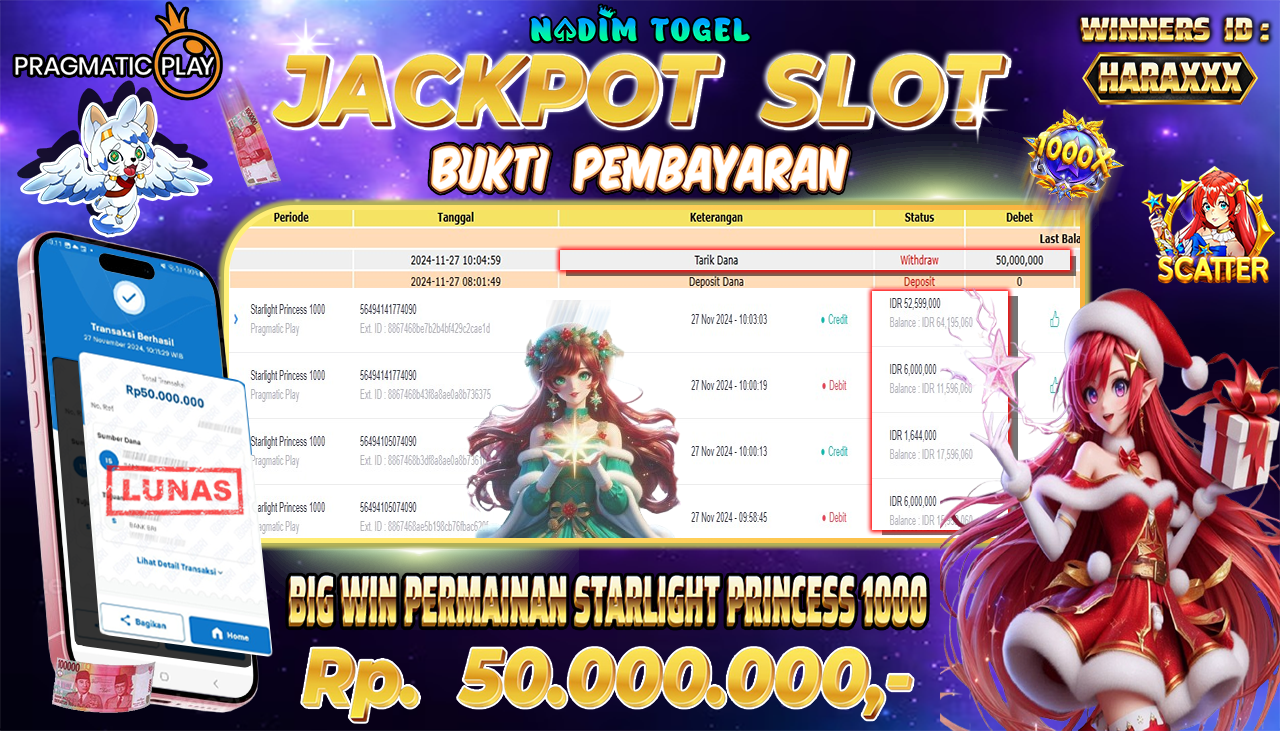 NADIMTOGEL JACKPOT SLOT STARLIGHT PRINCESS 1000 Rp 50,000,000,- LUNAS