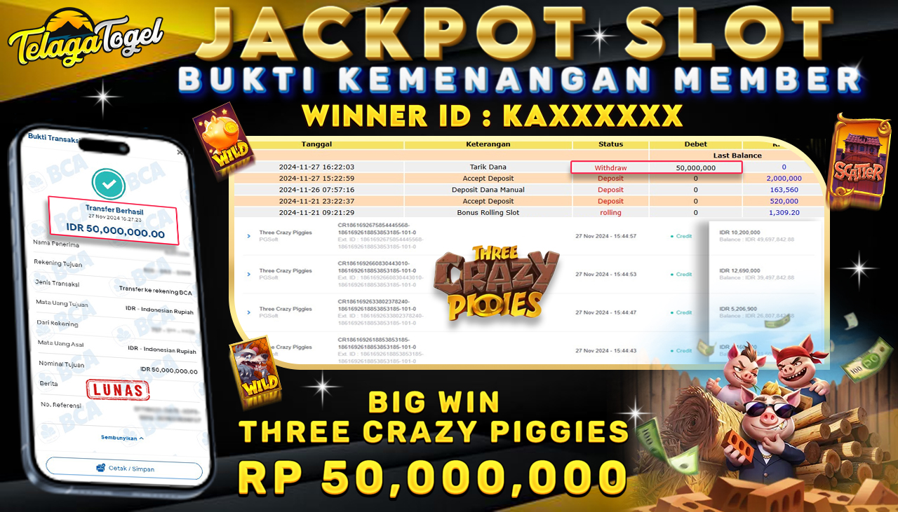 TELAGATOGEL JACKPOT SLOT THREE CRAZY PIGGIES Rp 50,000,000,- LUNAS