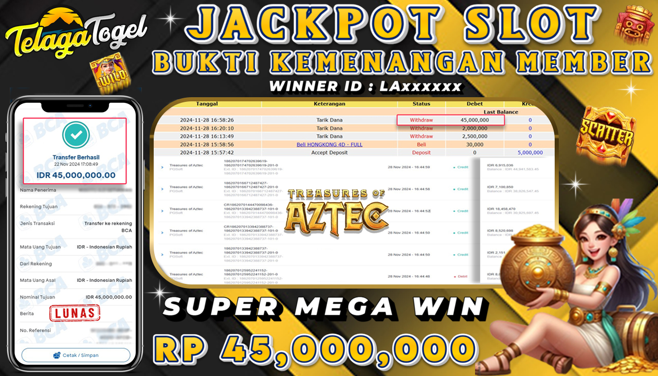 TELAGATOGEL JACKPOT SLOT TREASURES OF AZTEC Rp 45,000,000,- LUNAS
