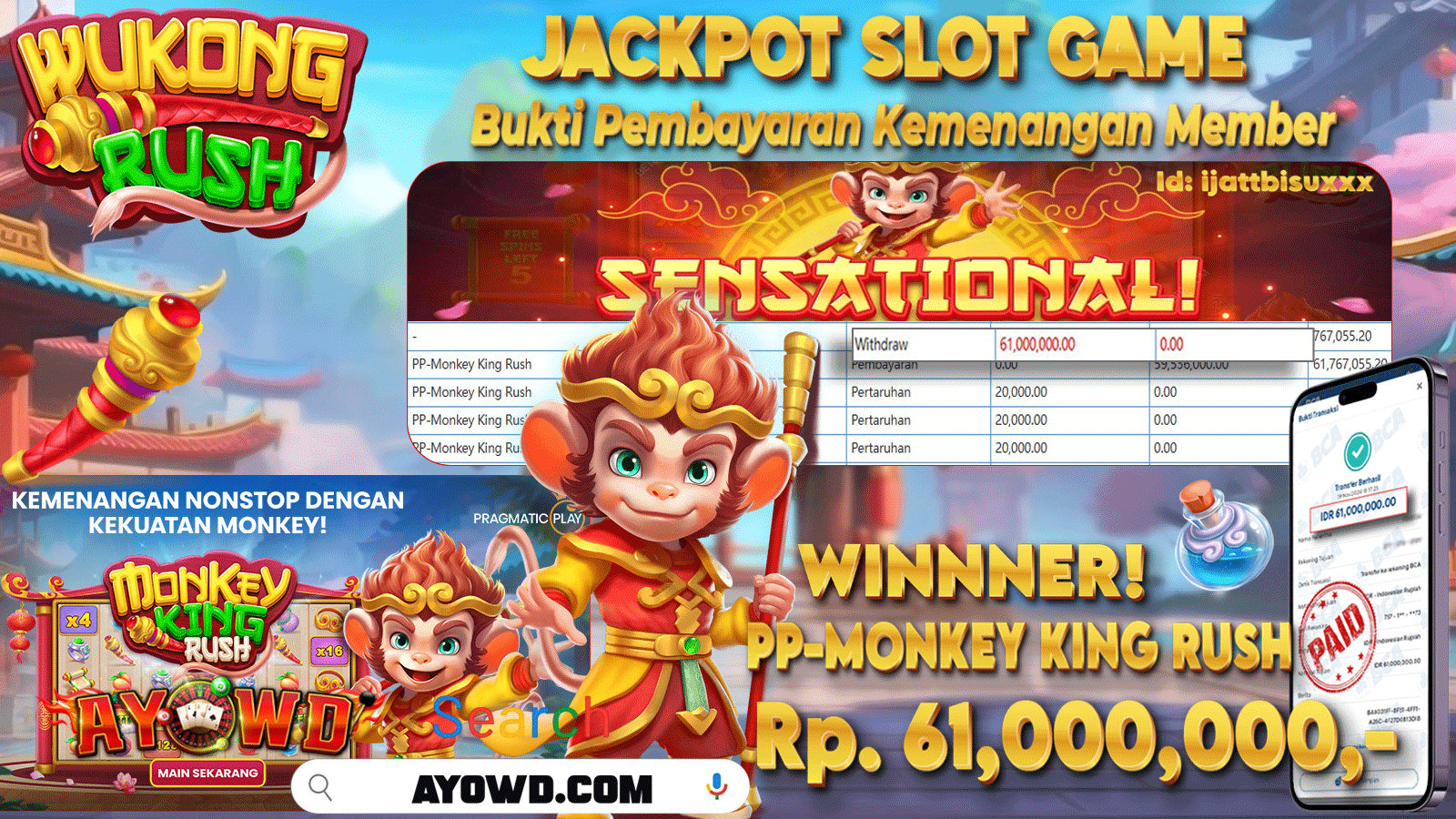 AYOWD JACKPOT SLOT MONGKEY KING RUSH 61,000,000 LUNAS
