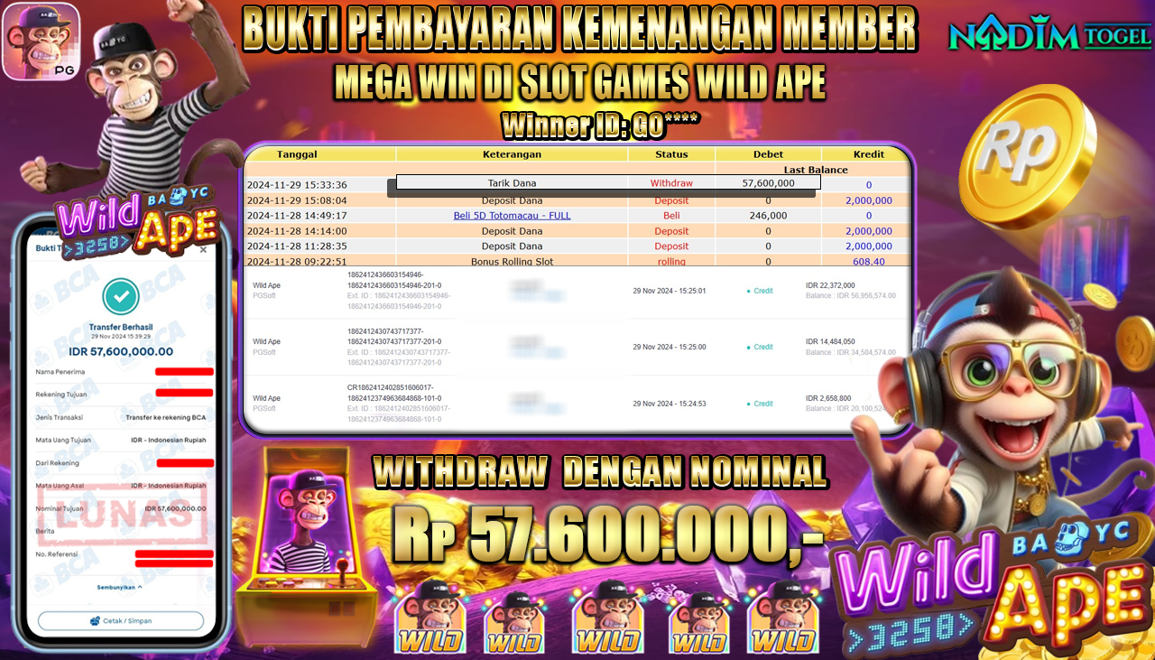 NADIMTOGEL JACKPOT SLOT WILD APE Rp 57.600.000,- LUNAS