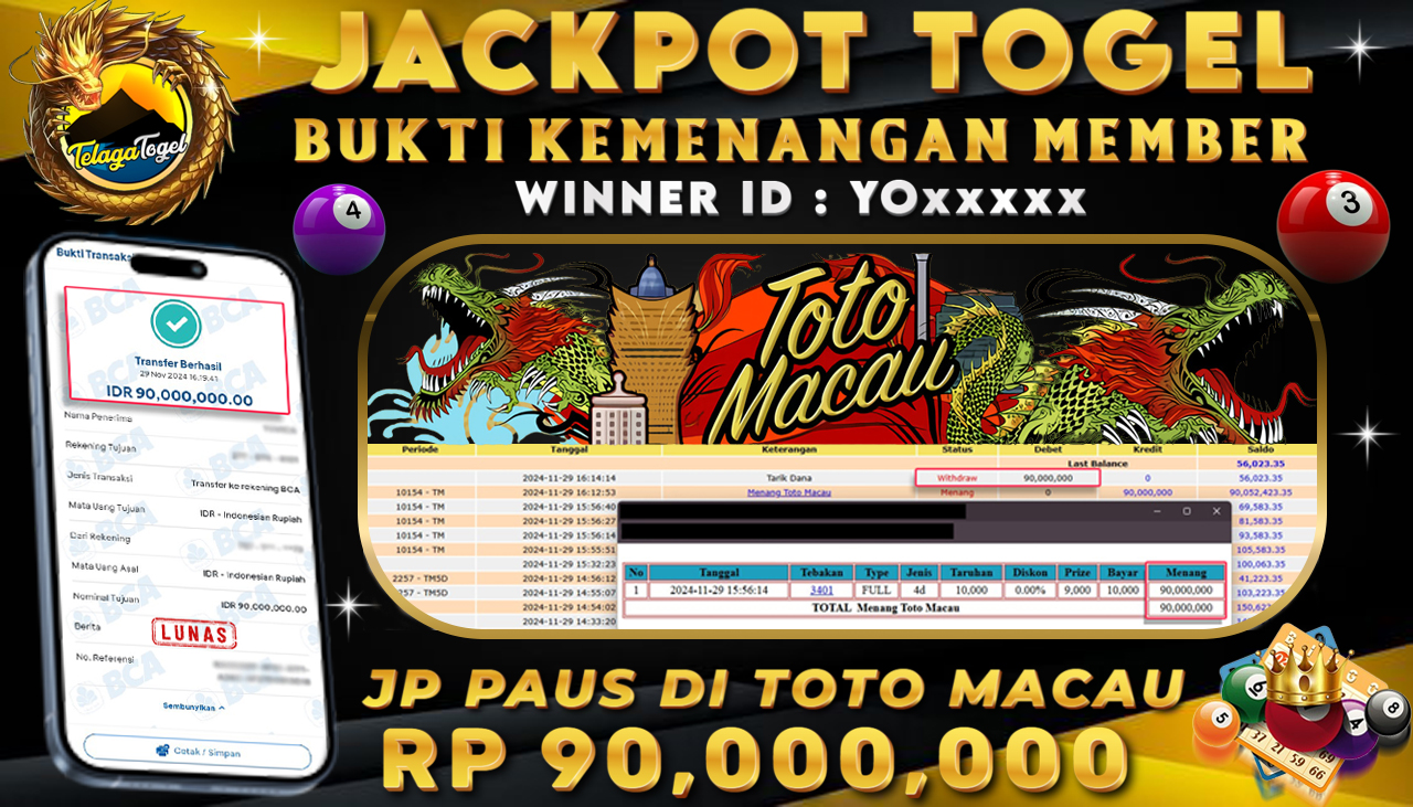 TELAGATOGEL JACKPOT TOGEL TOTO MACAU 4D Rp 90,000,000,- LUNAS