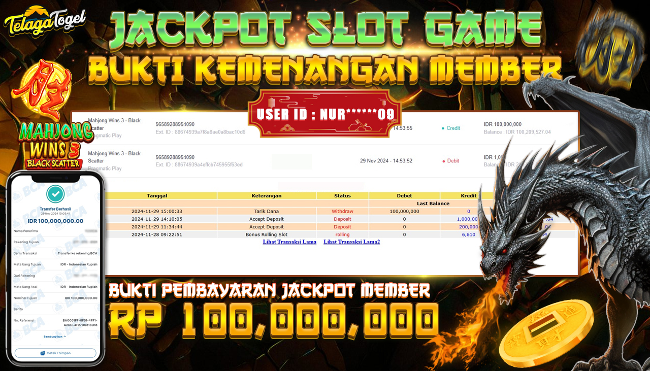 TELAGATOGEL JACKPOT SLOT MAHJONG WINS 3 - BLACK SCATTER Rp 100,000,000,- LUNAS