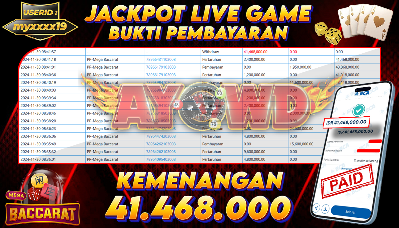 AYOWD JACKPOT LIVE GAME PP-Mega Baccarat 41,468,000 LUNAS