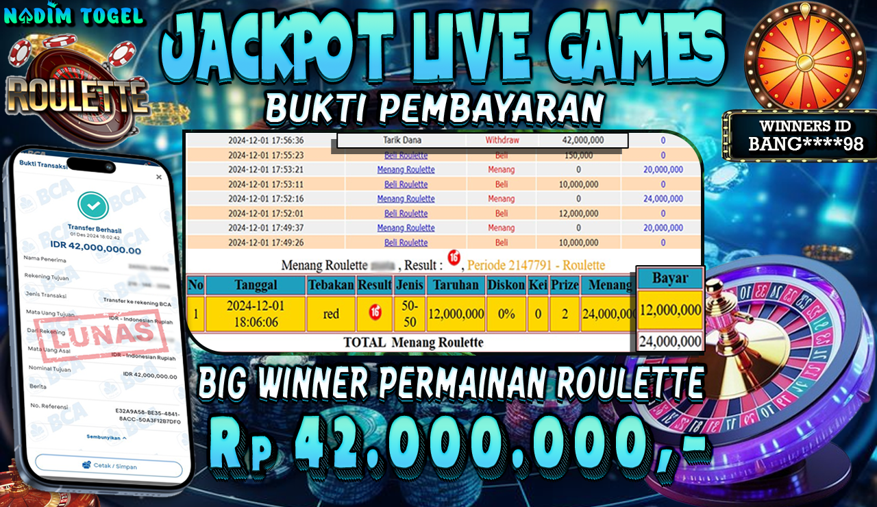 NADIMTOGEL JACKPOT LIVE GAMES ROULETTE Rp 42,000,000,- LUNAS