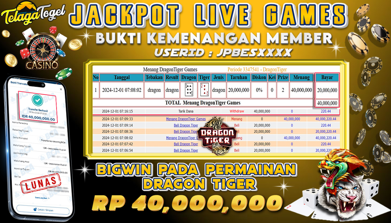 TELAGATOGEL JACKPOT LIVE GAMES DRAGON TIGER Rp 40,000,000,- LUNAS