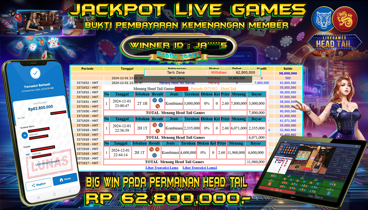 NADIMTOGEL JACKPOT LIVE GAMES HEAD TAIL Rp 62.800.000,- LUNAS