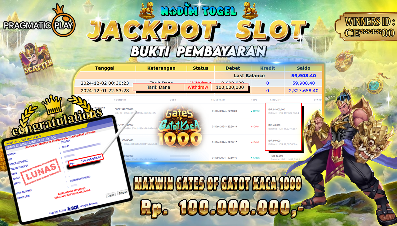 NADIMTOGEL JACKPOT SLOT GATES OF GATOT KACA 1000 Rp. 100,000,000,- LUNAS