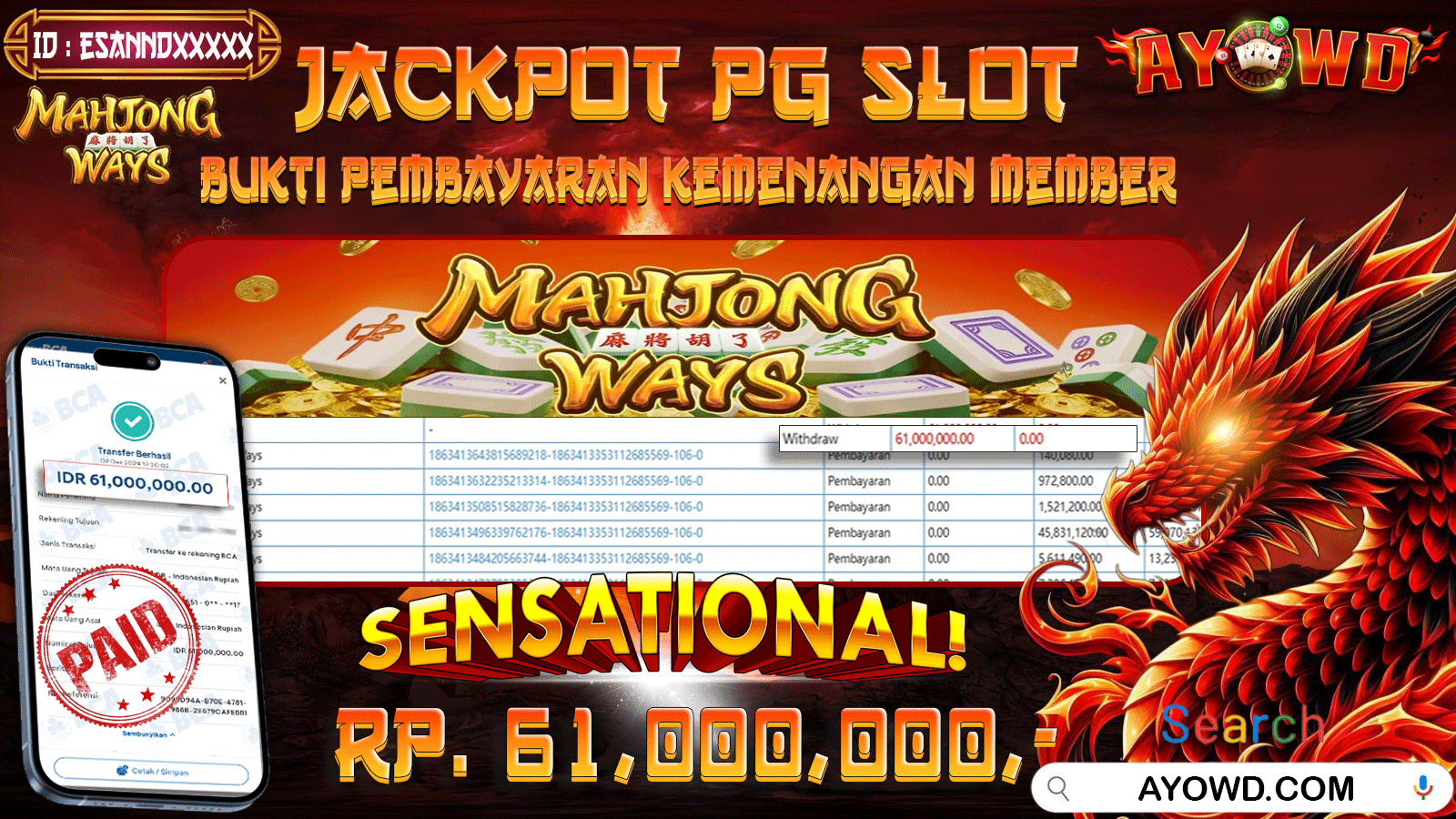 AYOWD JACKPOT PG SLOT MAHJONG WAYS 61,000,000 LUNAS