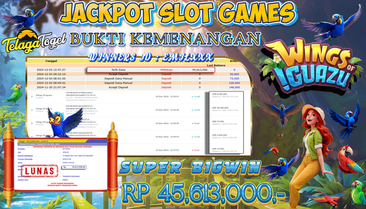 TELAGATOGEL JACKPOT SLOT WINGS OF IGUAZU Rp 45,613,000,- LUNAS