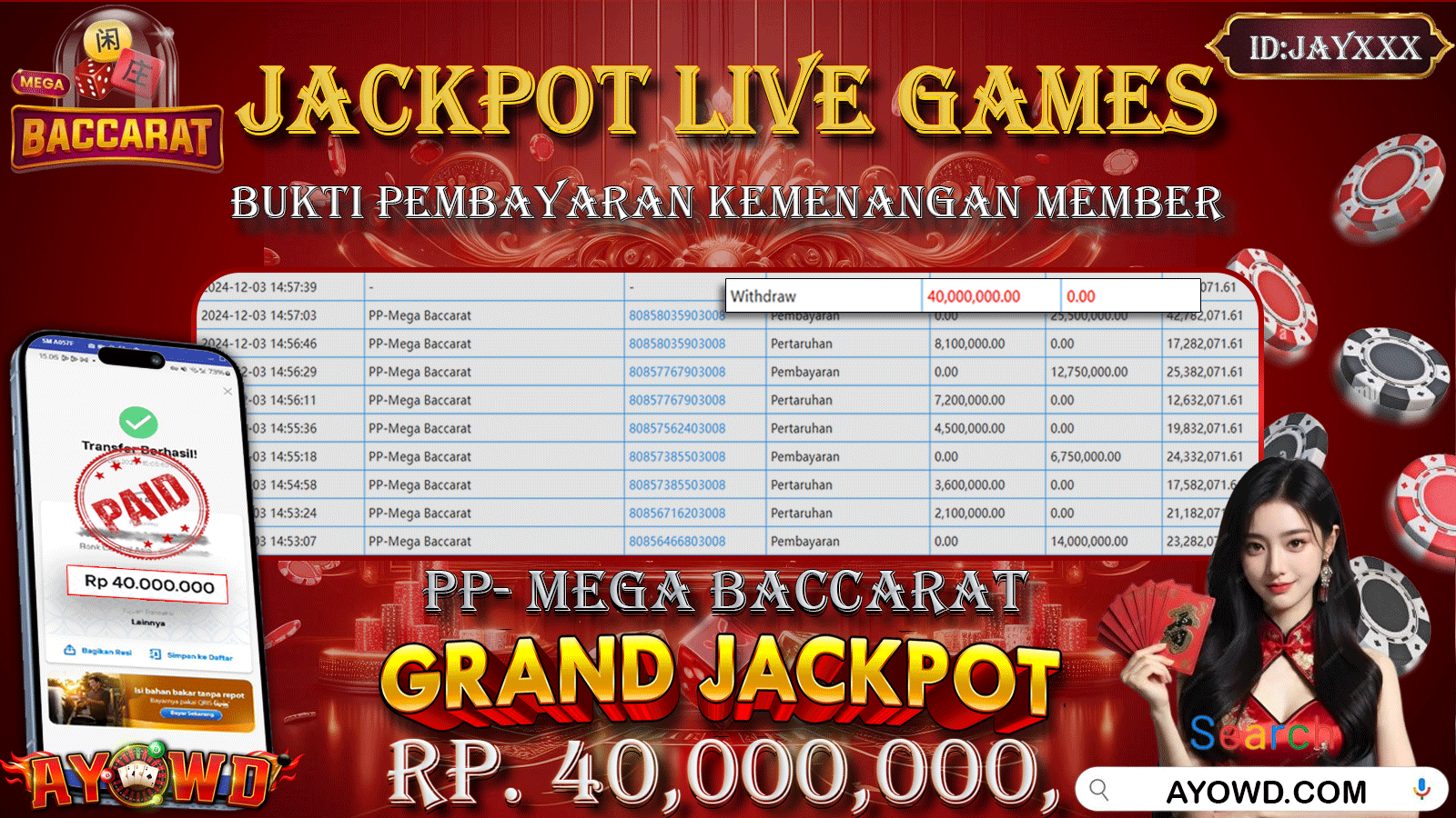 AYOWD JACKPOT LIVE GAMES PP-MEGA BACCARAT 40,000,000 LUNAS