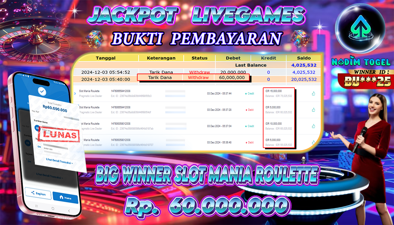 NADIMTOGEL JACKPOT LIVEGAMES SLOT MANIA ROULETTE  Rp. 60.000.000,- LUNAS
