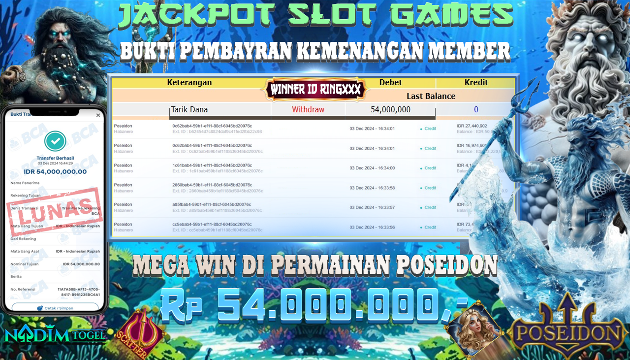 NADIMTOGEL JACKPOT SLOT POSEIDON Rp.54,000,000,- LUNAS