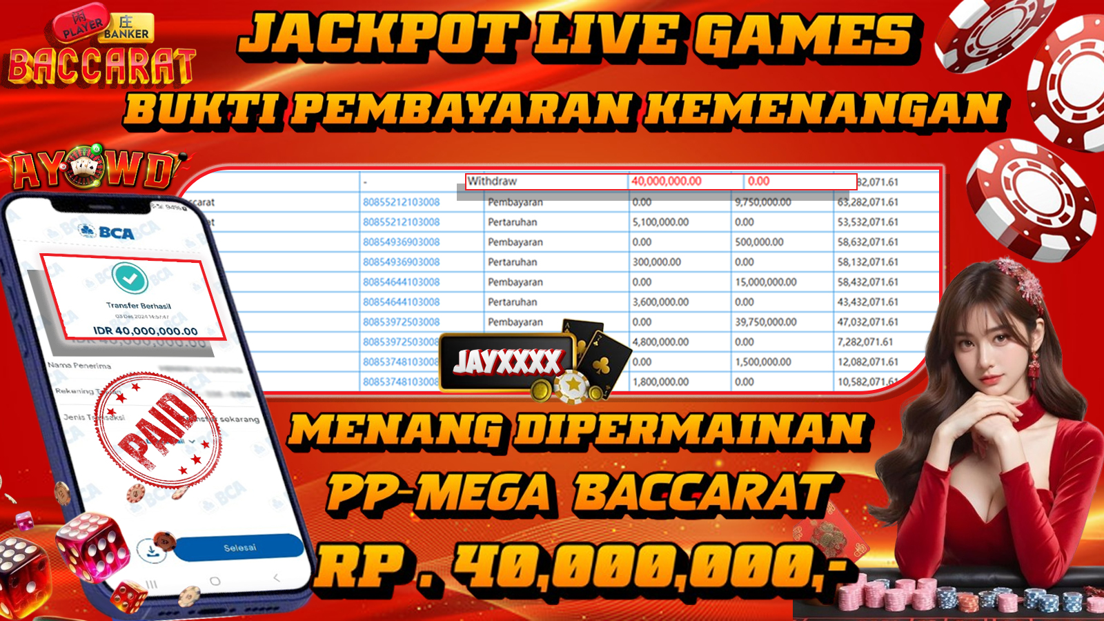 AYOWD JACKPOT LIVE GAMES PP-MEGA BACCARAT 40,000,000 LUNAS
