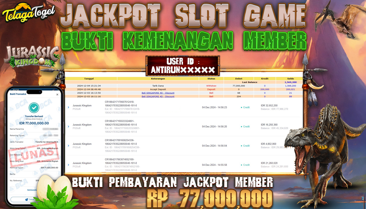 TELAGATOGEL JACKPOT SLOT JURASSIC KINGDOM Rp 77,000,000,- LUNAS
