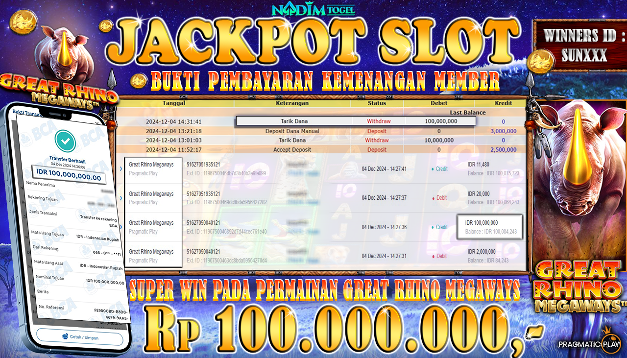 NADIMTOGEL JACKPOT SLOT GREAT RHINO MEGAWAYS Rp 100.000.000,- LUNAS