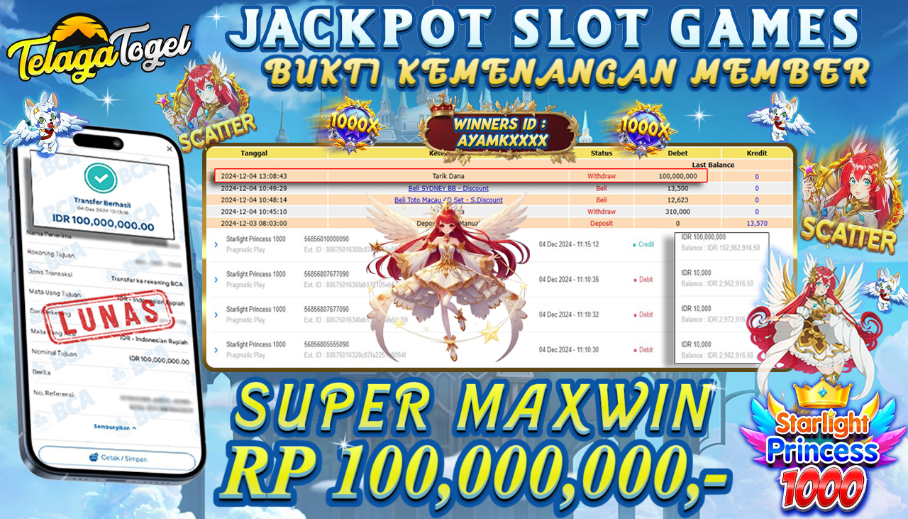 TELAGATOGEL JACKPOT SLOT STARLIGHT PRINCESS 1000 Rp 100,000,000,- LUNAS