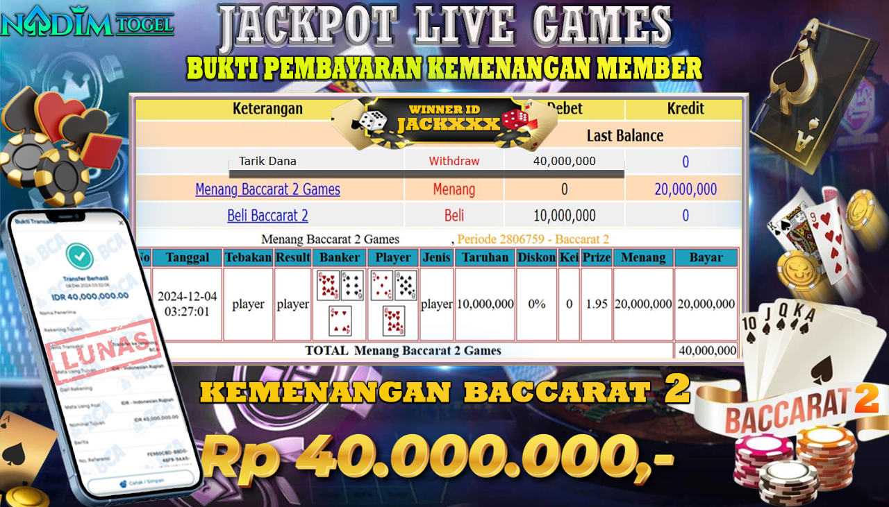 NADIMTOGEL JACKPOT LIVE GAMES BACCARAT 2 Rp.40.000.000,- LUNAS